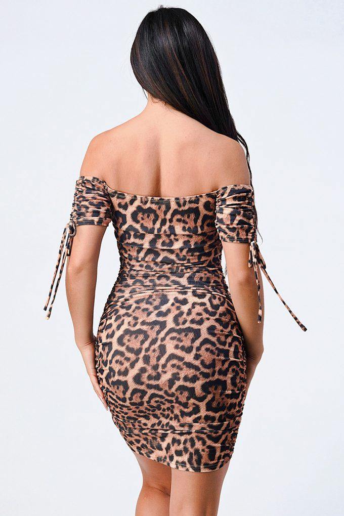 Leopard Print Off Shoulder Shirring Bodycon Dress - AM APPAREL
