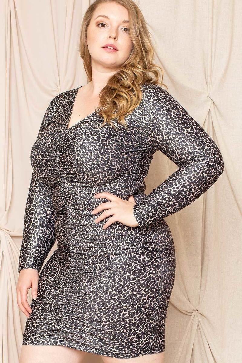 Leopard Print Shirring Plus Size Mini Dress - AM APPAREL