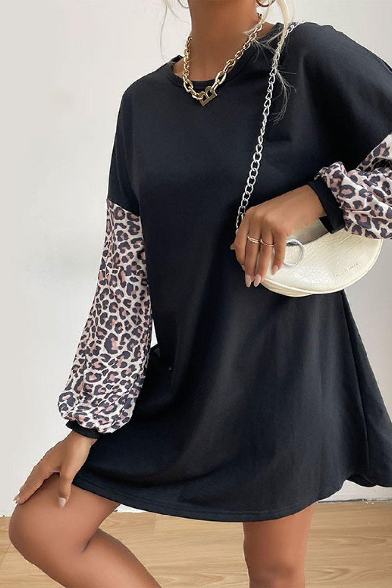 Leopard Print Sleeve Sweatshirt Dress - AM APPAREL