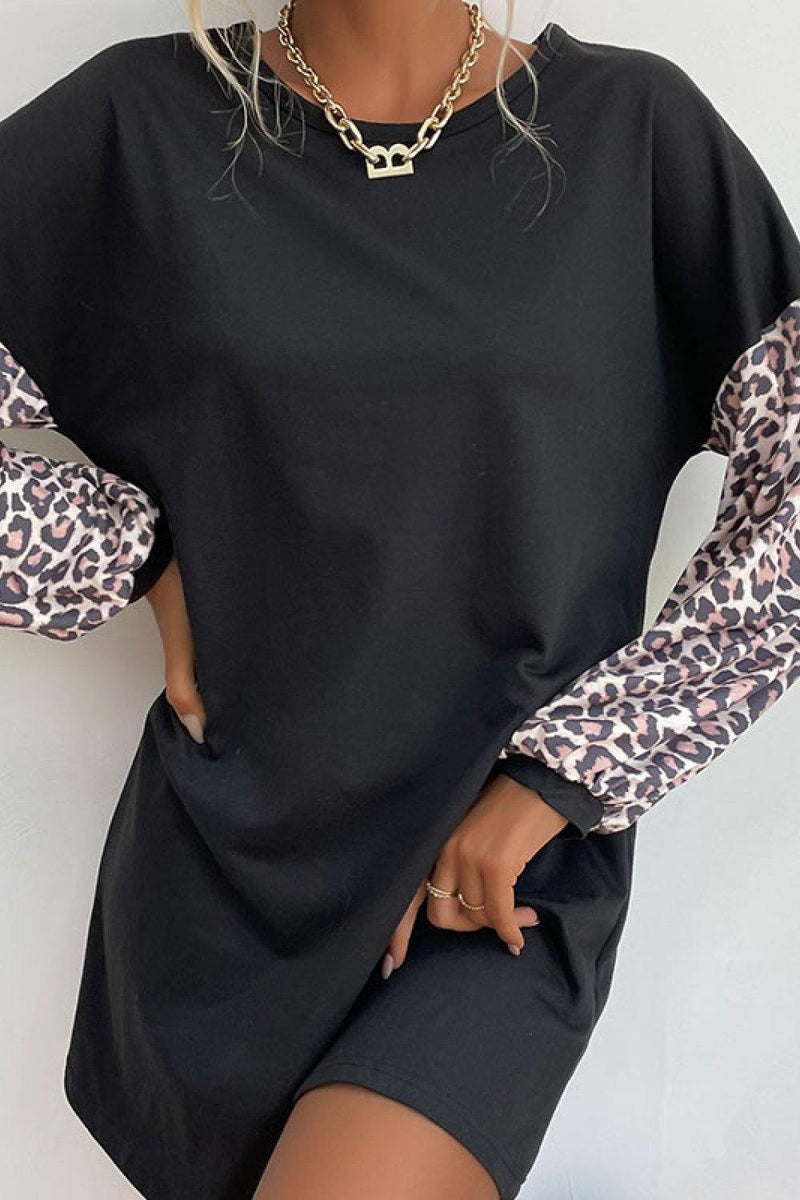 Leopard Print Sleeve Sweatshirt Dress - AM APPAREL