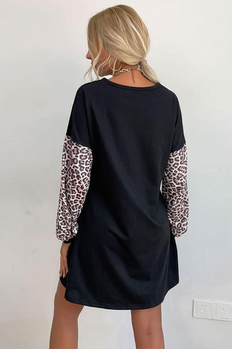 Leopard Print Sleeve Sweatshirt Dress - AM APPAREL