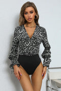 Leopard Print Tie Cuff Spliced Bodysuit - AM APPAREL