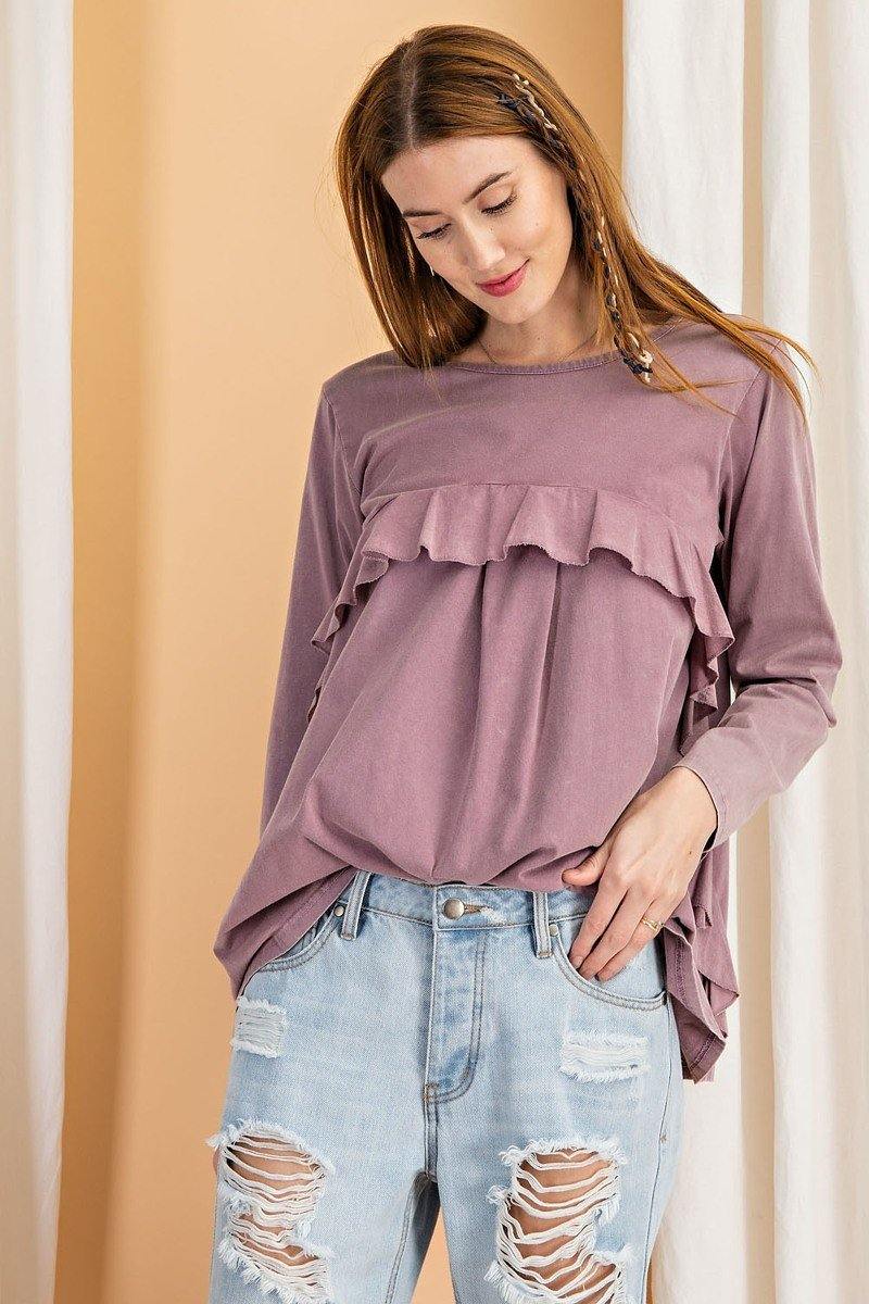 Long Sleeve Ruffled Detailing Oil Washed Knit Tunic - AM APPAREL