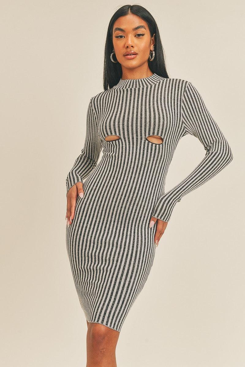 Long Sleeve Stripe Print Midi Dress - AM APPAREL