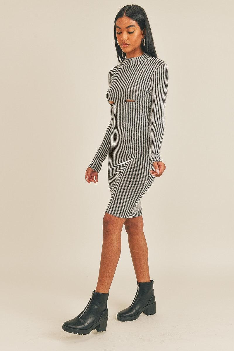 Long Sleeve Stripe Print Midi Dress - AM APPAREL