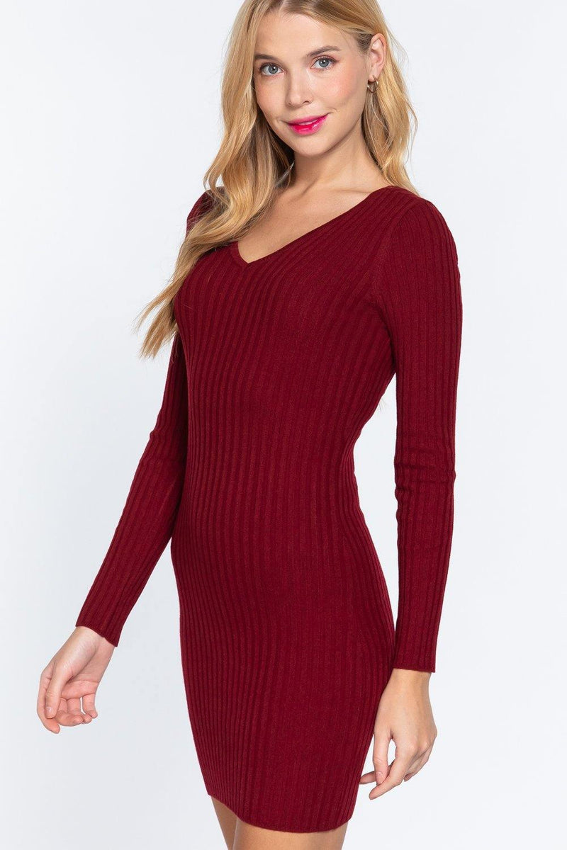 Long Slv V-neck Sweater Mini Dress - AM APPAREL