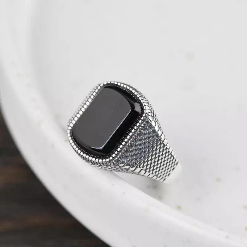 Men's Black Zircon Retro Silver Ring - AM APPAREL