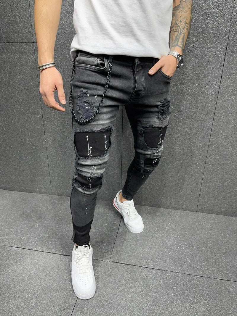Men's Distressed Slim Fit Patchwork Jeans - AM APPAREL