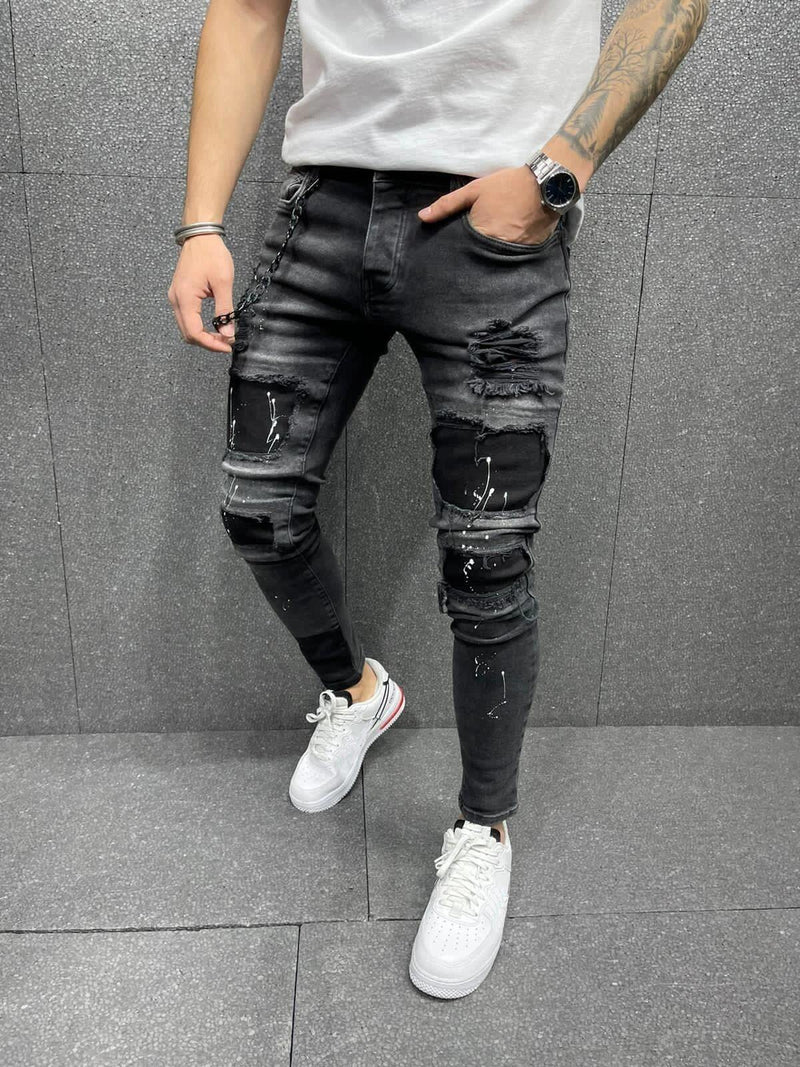 Men's Distressed Slim Fit Patchwork Jeans - AM APPAREL