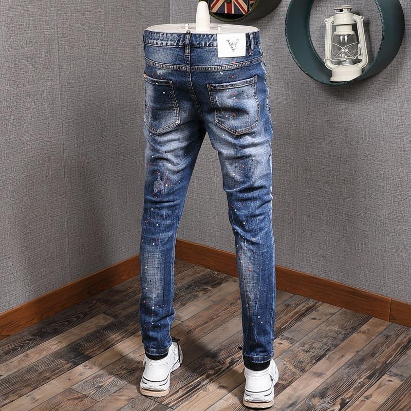 Men's Fashion Streetwear Retro Blue Slim Fit Jeans - AM APPAREL