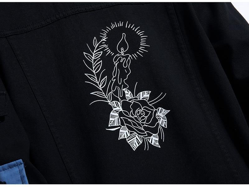 Men's Flower Print Black Denim Jacket - AM APPAREL