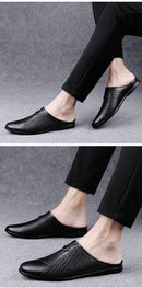 Men's Genuine Leather Mules Backless Loafers - AM APPAREL
