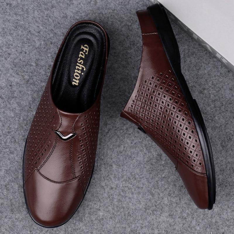 Men's Genuine Leather Mules Backless Loafers - AM APPAREL