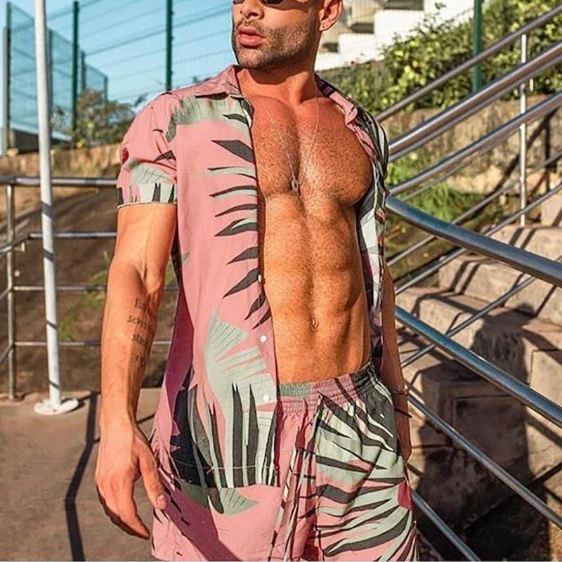 Men's Hawaiian Floral Print Summer Short & Shirt Set - Pink - AM APPAREL