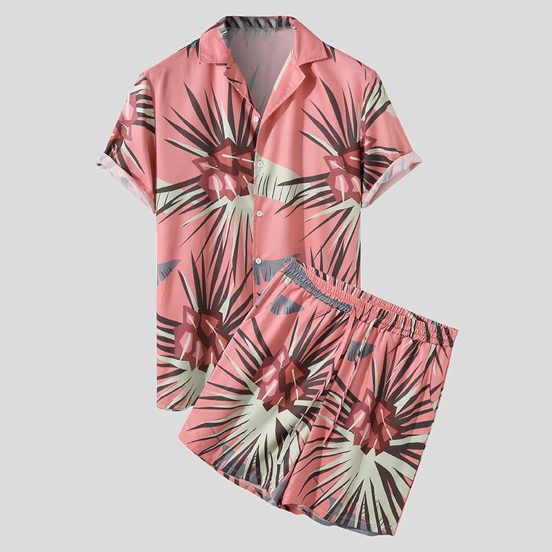 Men's Hawaiian Floral Print Summer Short & Shirt Set - Pink - AM APPAREL