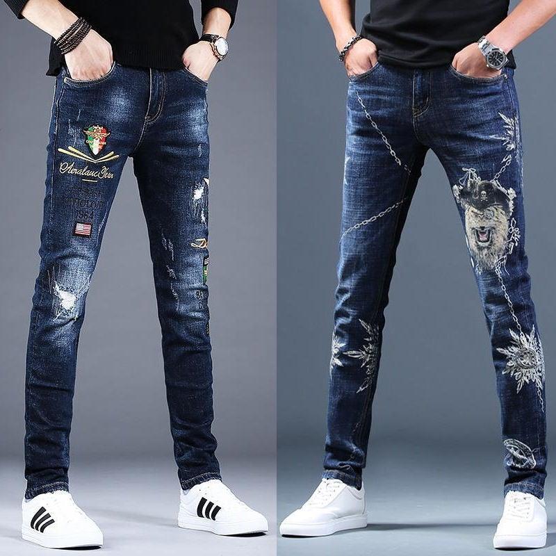 Men's Ripped Stretch Jeans W/ Embroidery Designs - AM APPAREL