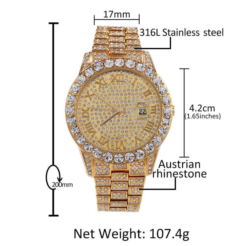 Men's Roman Numbers Bling Iced Out Watch - AM APPAREL