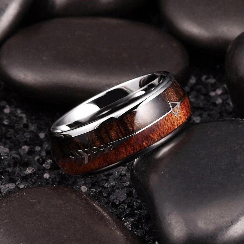 Men's Stainless Steel Wood Inlaid Arrow Ring - AM APPAREL