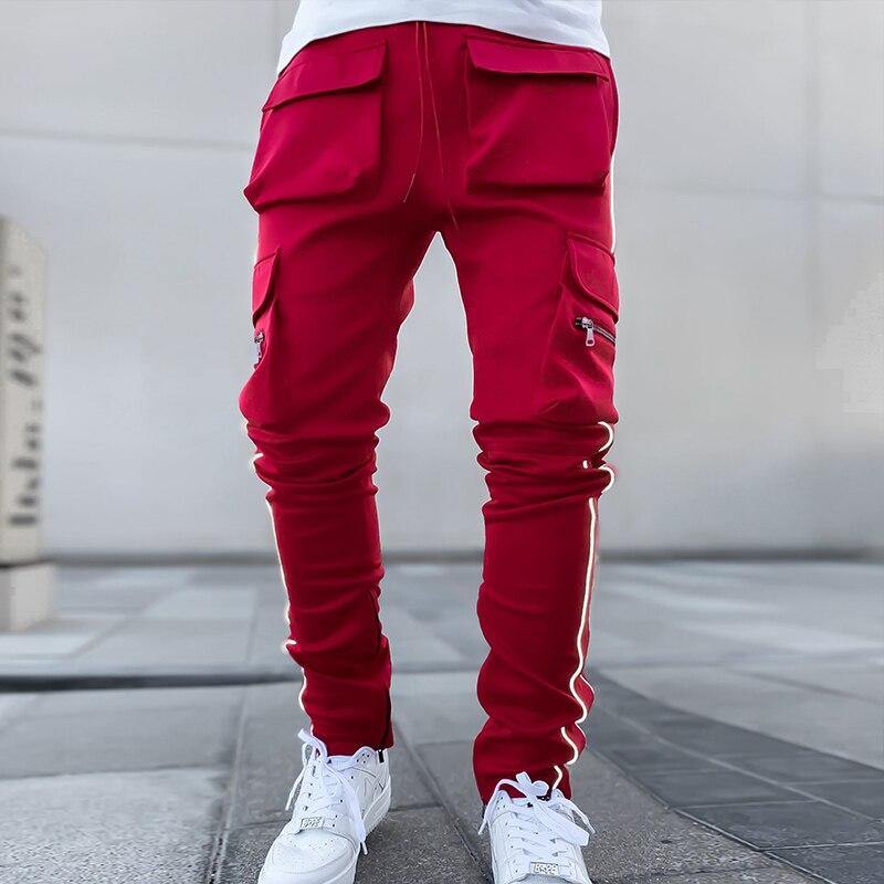 Men's Streetwear Multi-Pocket Cargo Pants W/ Reflective Lines - AM APPAREL