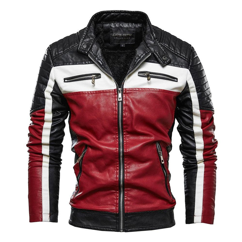 Men's Tri Color Patchwork Faux Leather Jacket - AM APPAREL