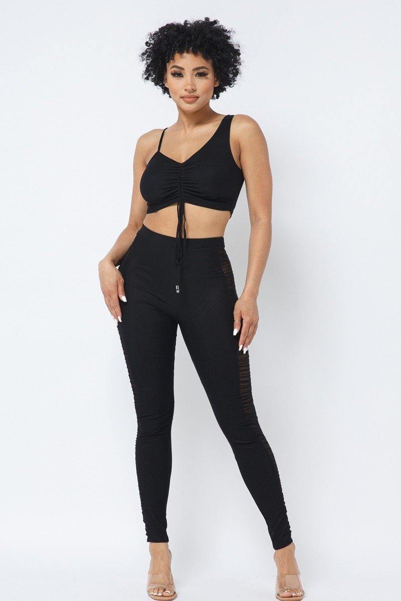 Mesh Strappy Adjustable Ruched Crop Top With Leggings - AM APPAREL