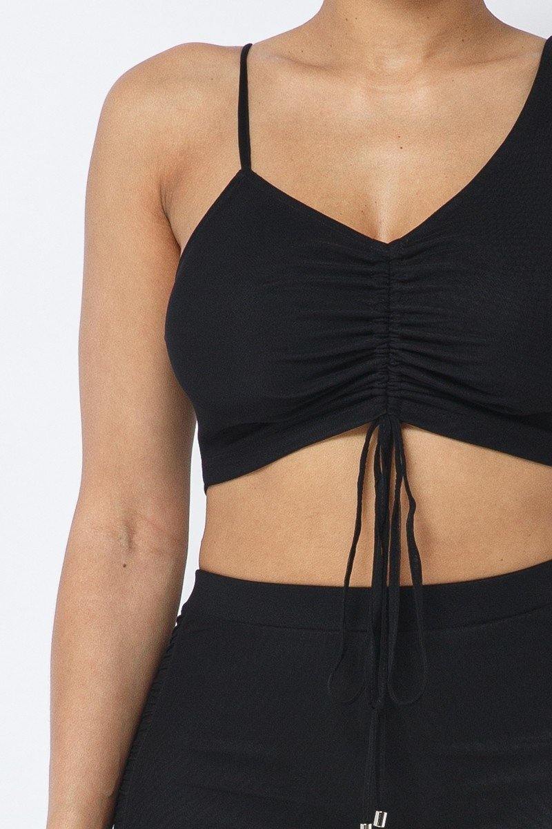 Mesh Strappy Adjustable Ruched Crop Top With Leggings - AM APPAREL