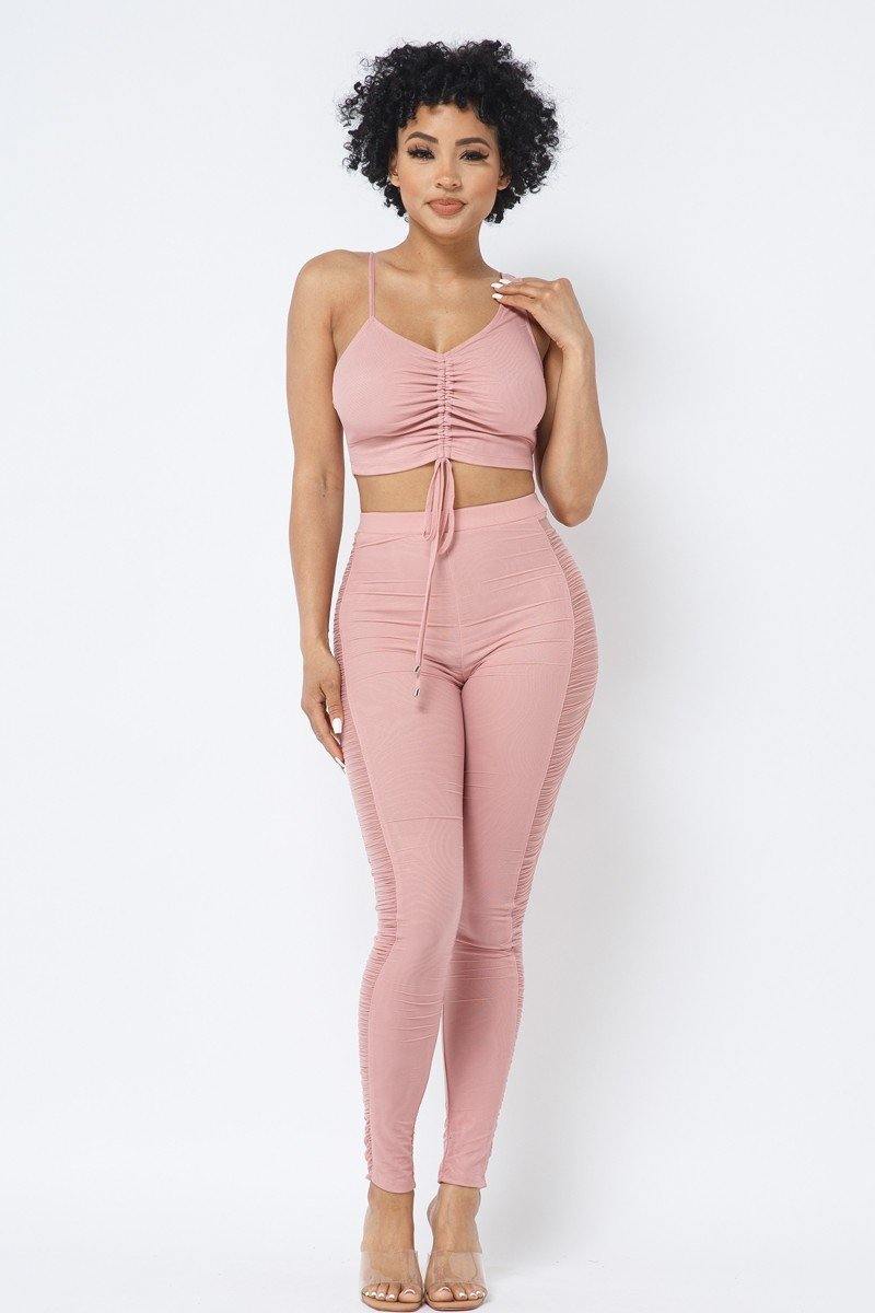 Mesh Strappy Adjustable Ruched Crop Top With Matching Leggings - AM APPAREL