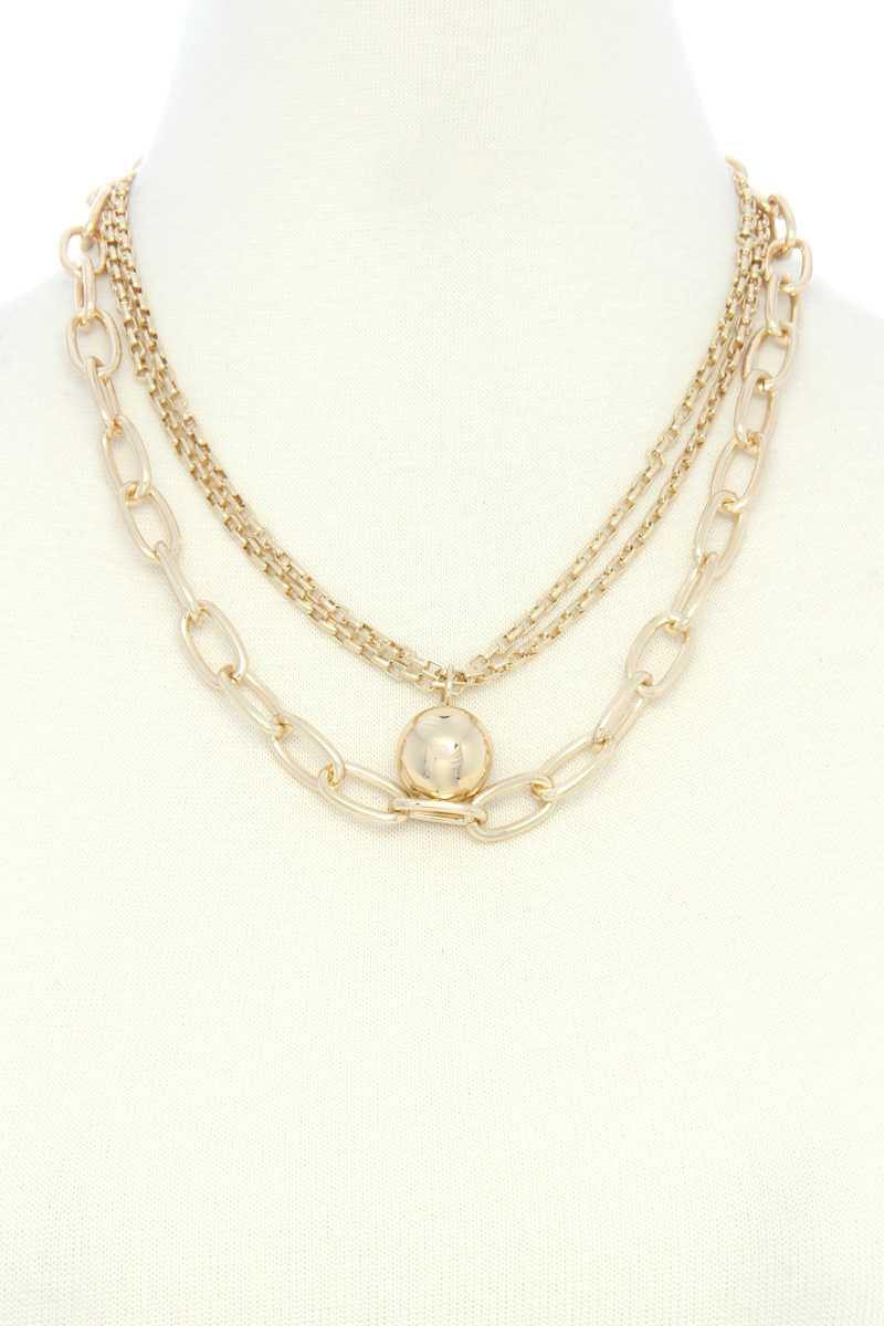 Metal Ball Oval Link Layered Necklace - AM APPAREL