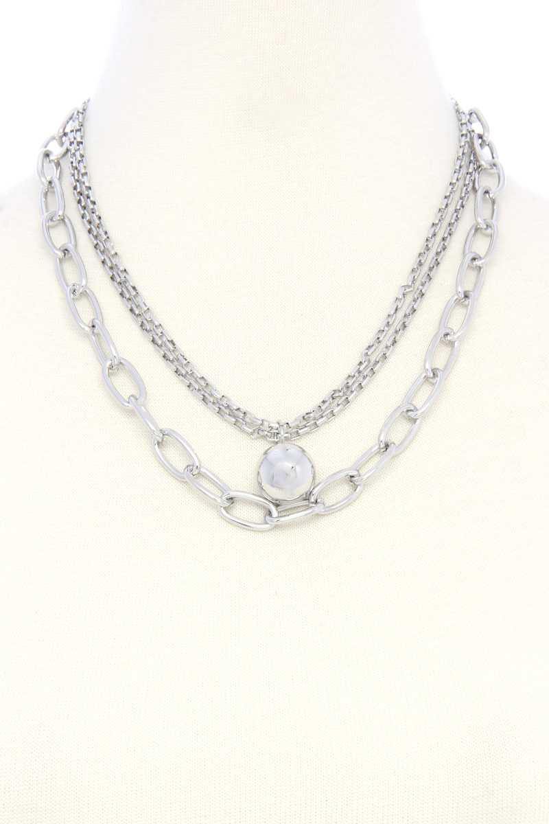 Metal Ball Oval Link Layered Necklace - AM APPAREL
