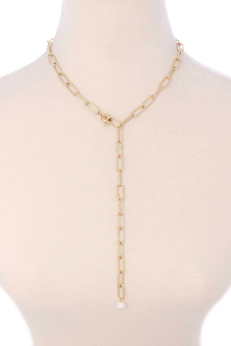 Metal Chain Y Neck Pearl Dangle Necklace - AM APPAREL
