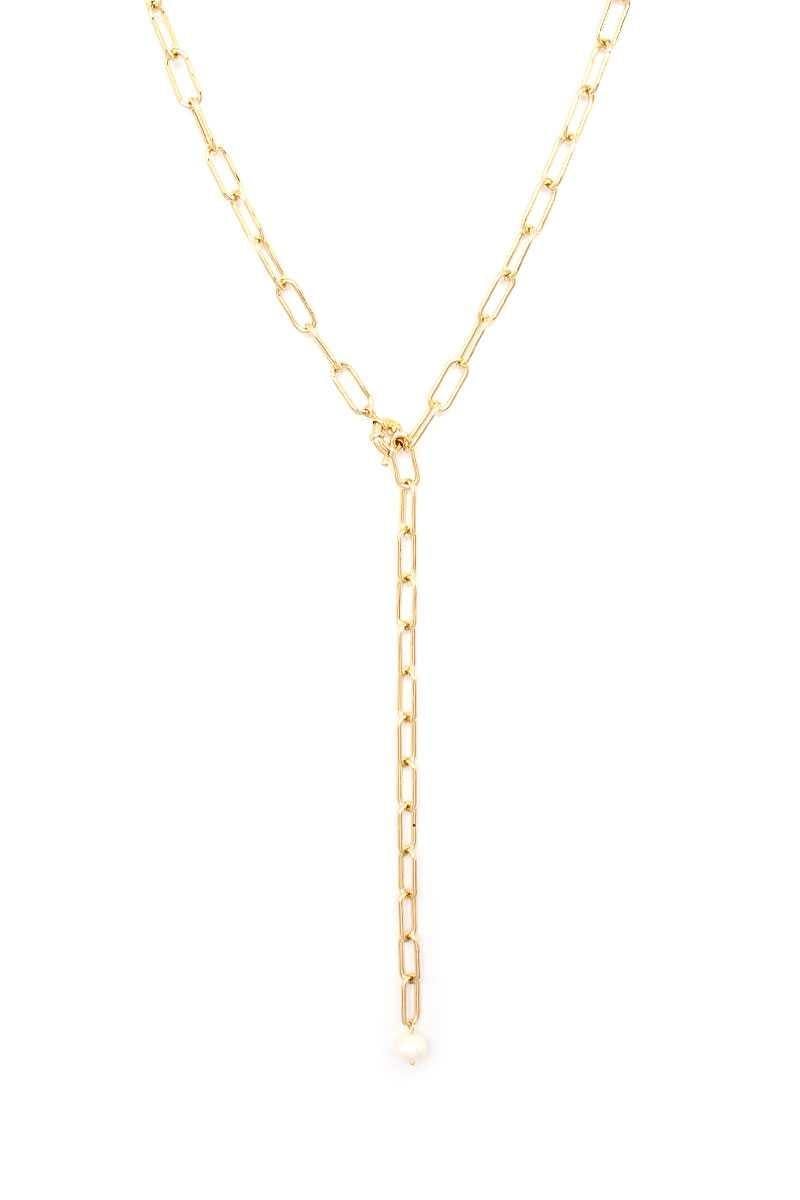 Metal Chain Y Neck Pearl Dangle Necklace - AM APPAREL