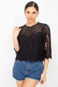 Mock 3/4 Sleeves Lace Designed Top - AM APPAREL