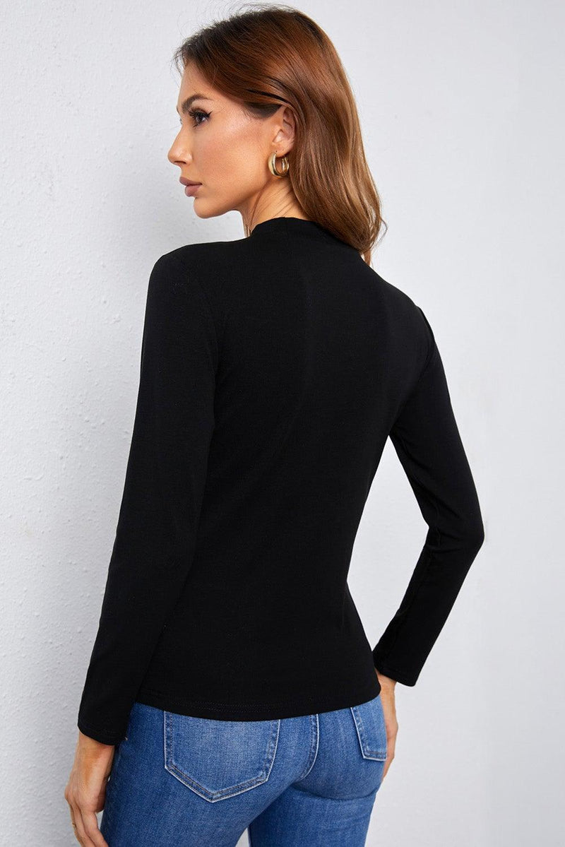 Mock Neck Lace Detail Long Sleeve Tee - AM APPAREL