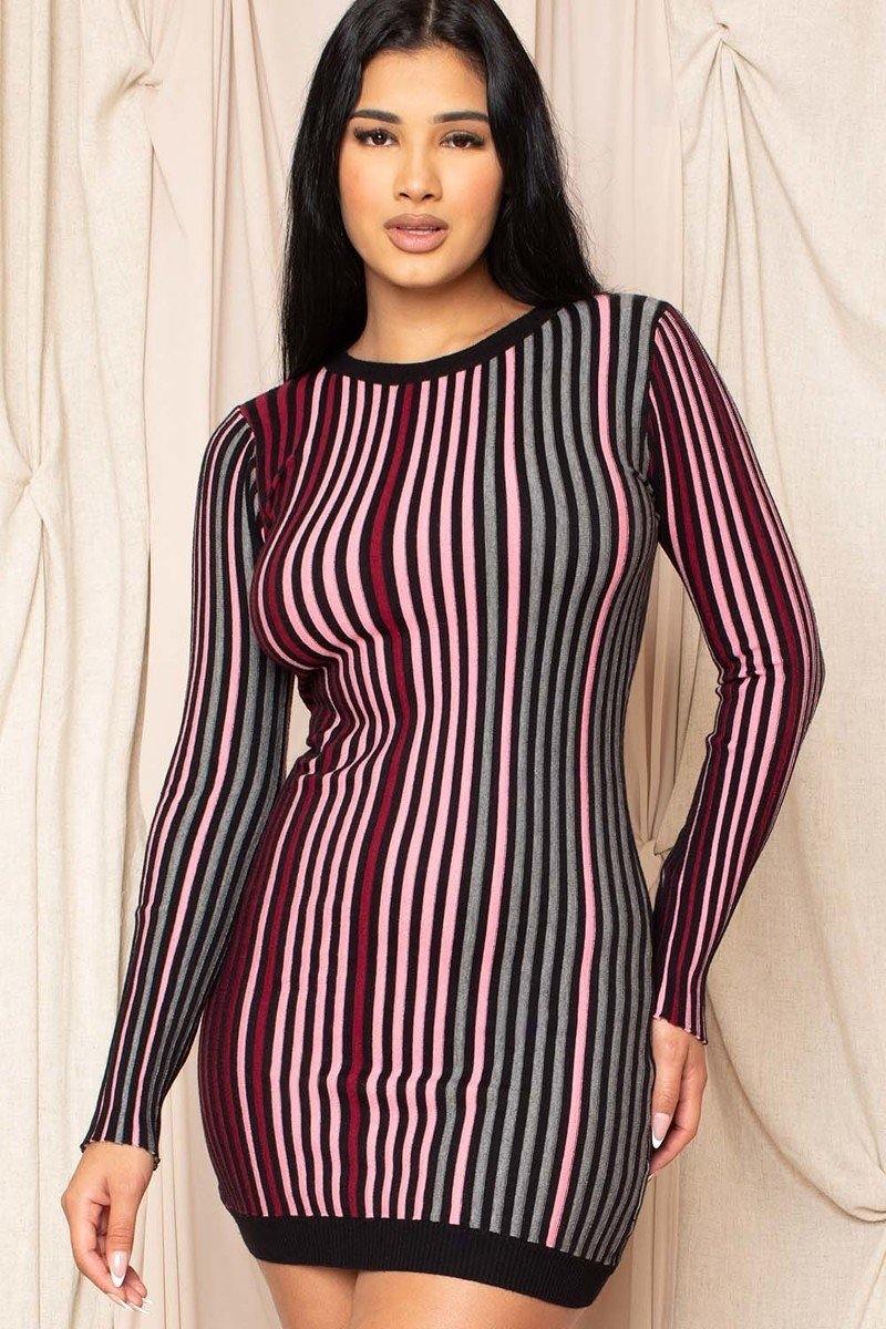 Multi-color Striped Ribbed Dress - AM APPAREL