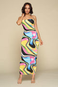 Multicolor Bodycon Maxi Dress, Clear Spaghetti Straps, Ruched Detail - AM APPAREL