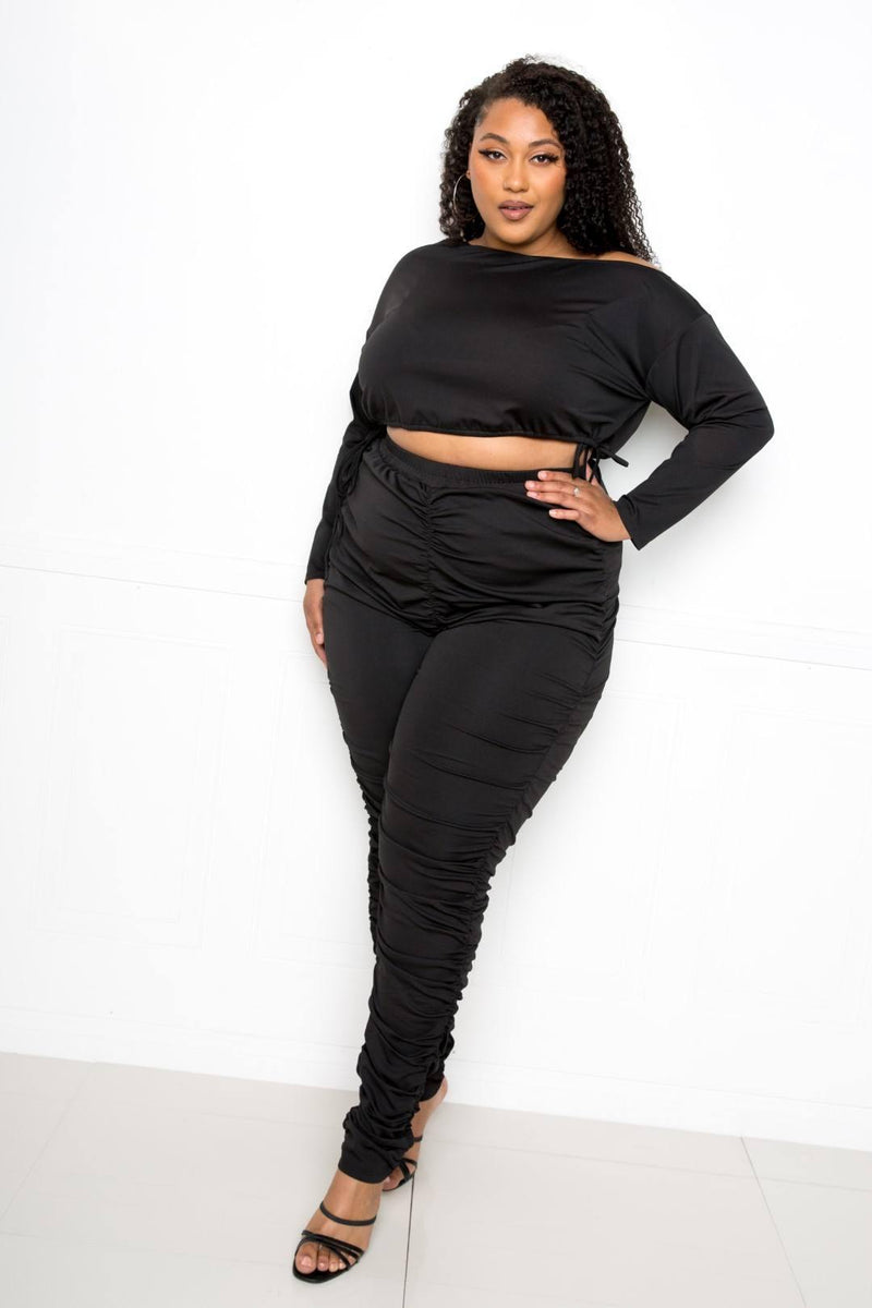 Off Shoulder Cropped Top And Ruched Leggings Sets - AM APPAREL