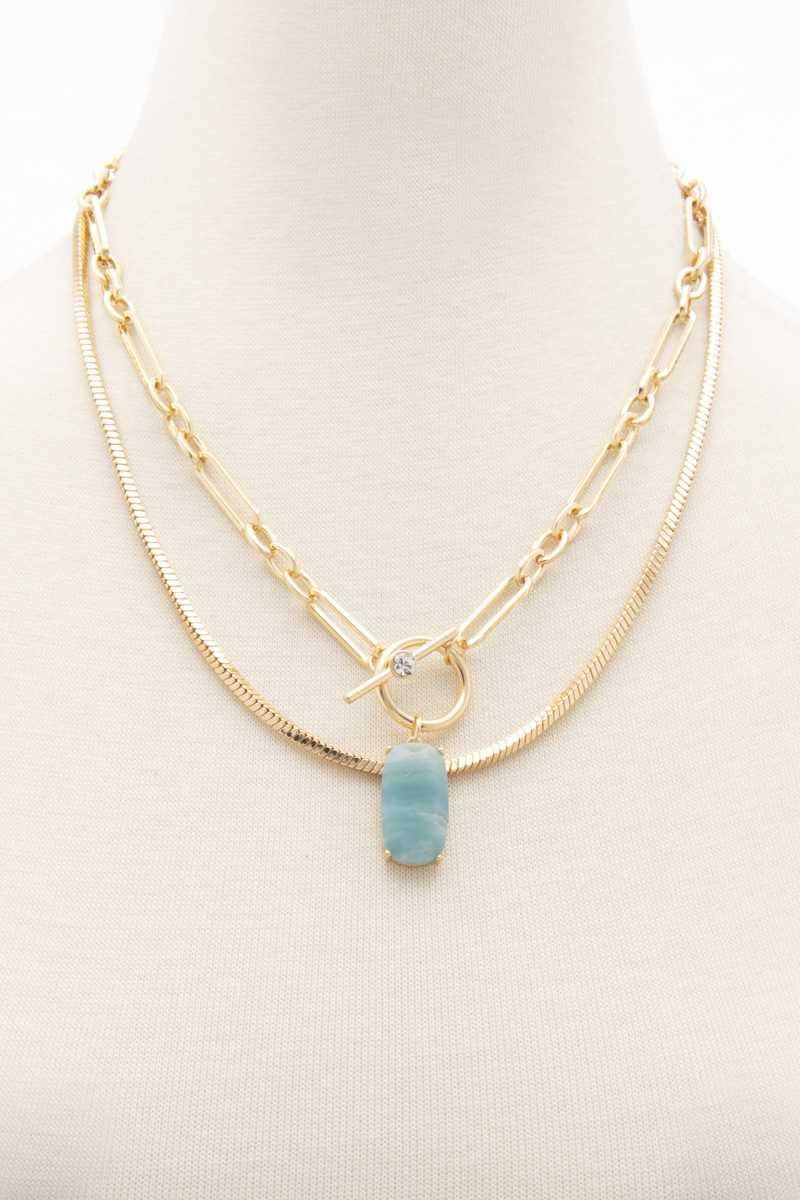 Oval Stone Toggle Clasp Layered Necklace - AM APPAREL