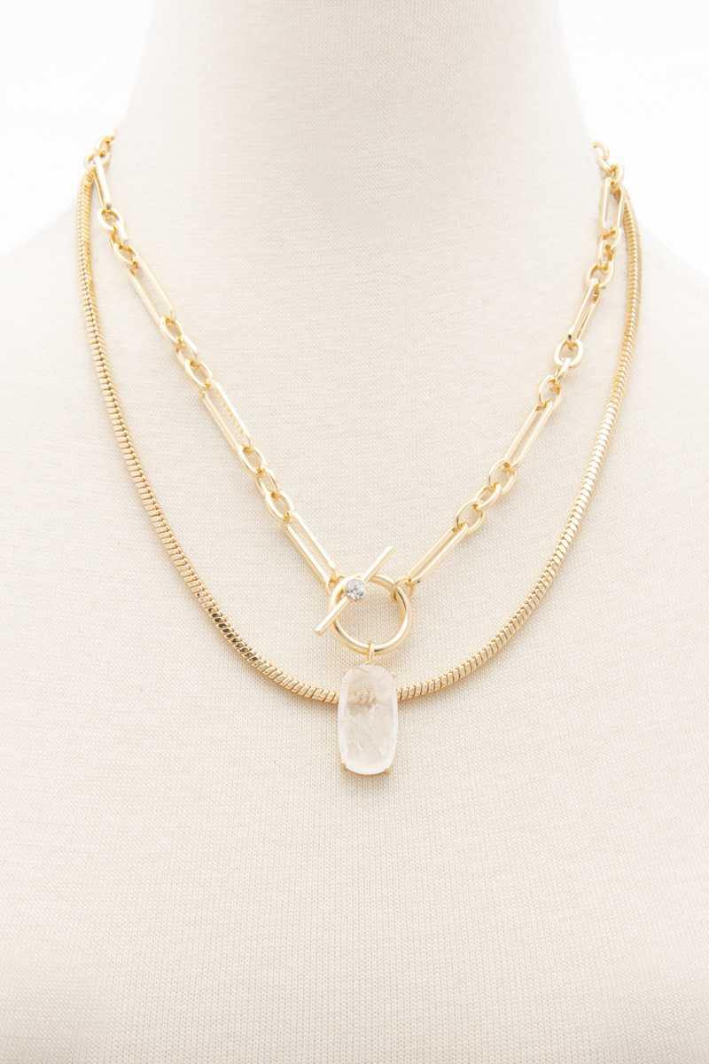 Oval Stone Toggle Clasp Layered Necklace - AM APPAREL