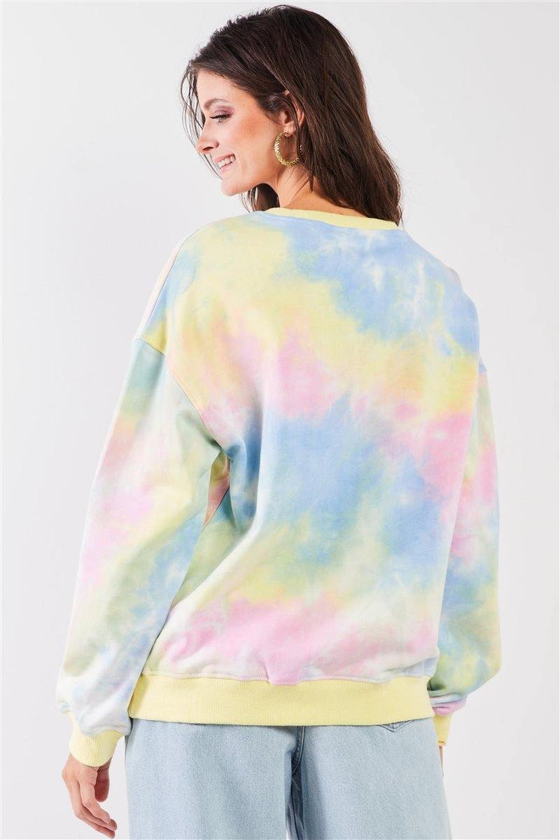Pastel Multi Tie-dye Print Crew Neck Oversized Long Sleeve Sweatshirt - AM APPAREL
