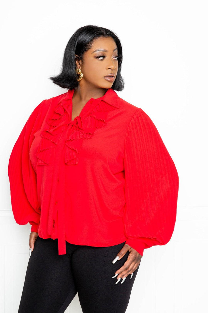 Pleated Sleeve Blouse With Waterfall Frill And Bow - AM APPAREL