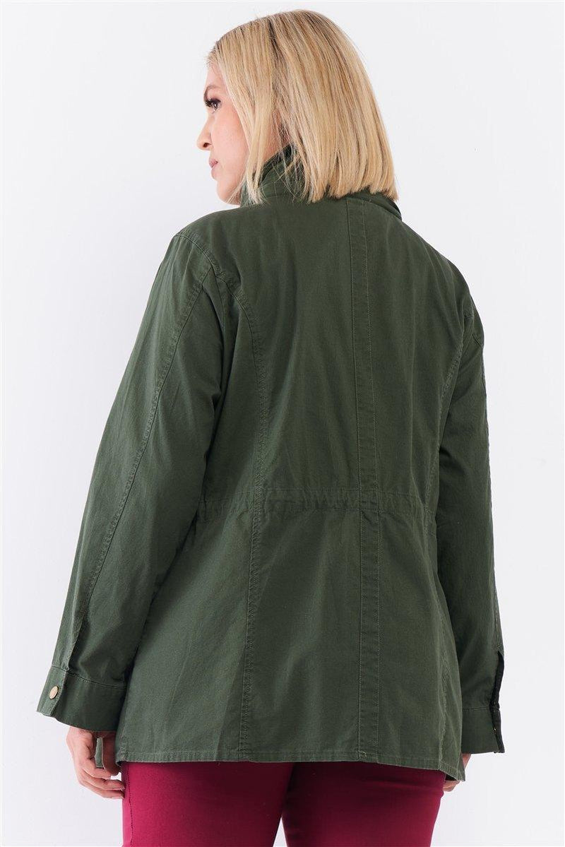 Plus Olive Cotton Front Zip-up & Button Down Detachable Hood Detail Utility Jacket - AM APPAREL