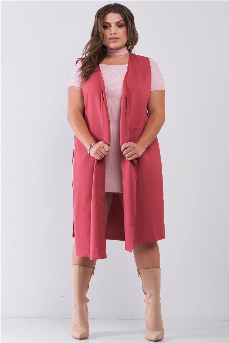 Plus Open Front And Side Sleeveless Long Vest - AM APPAREL