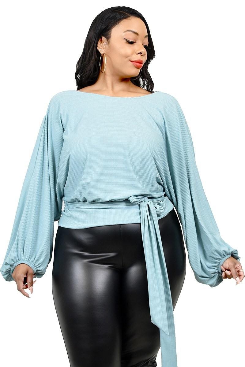Plus Relaxed Long Sleeve Tie Waist Top - AM APPAREL