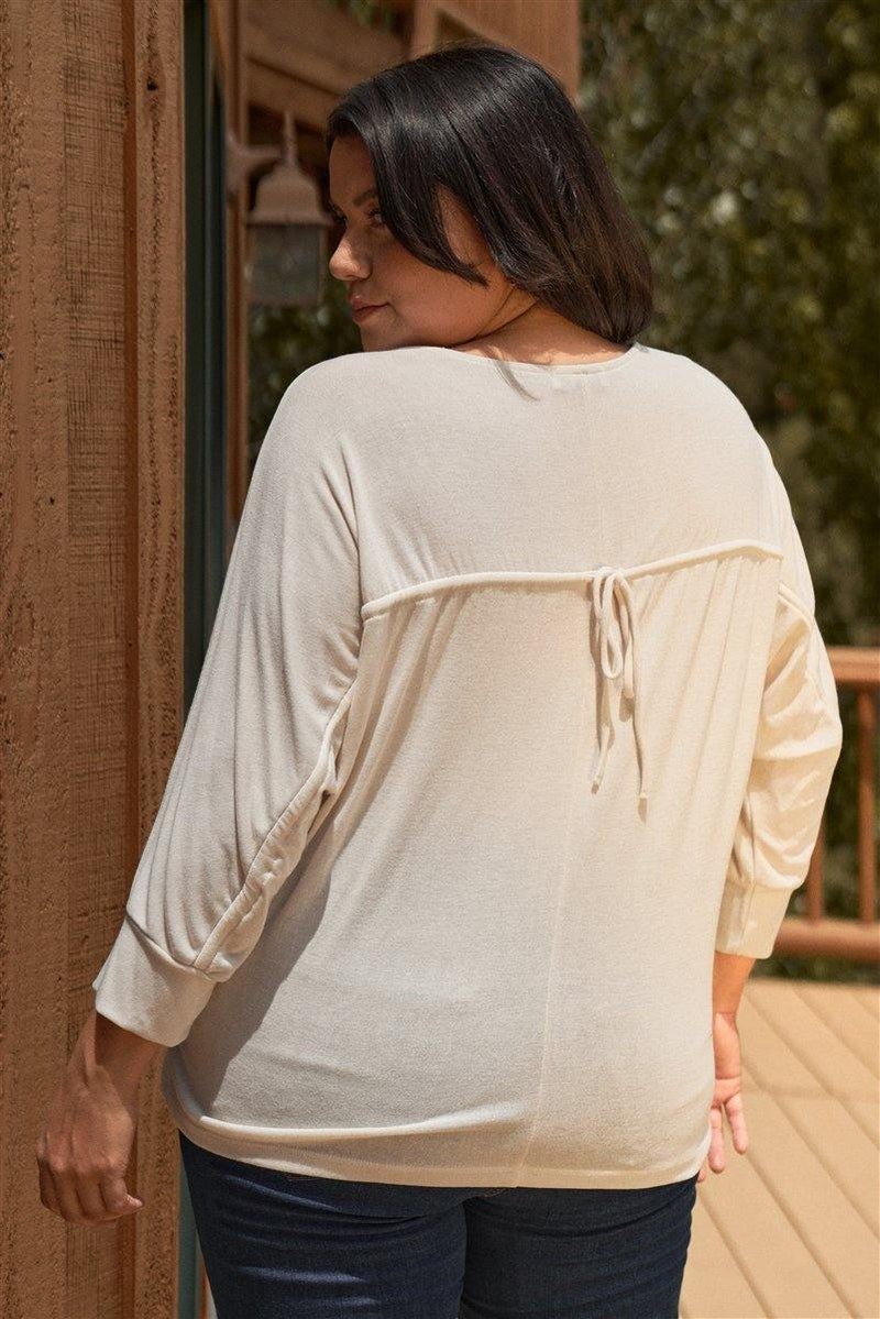 Plus Round Neck Dolman Sleeve Adjustable Draw-string Tie Back Detail Long Sleeve Top - AM APPAREL