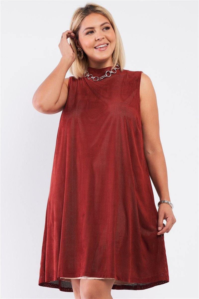 Plus Rust And Nude Illusion High Neck Swing Dress - AM APPAREL