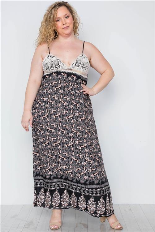 Plus Size Black Multi Crochet Cami Paisley Print Maxi Dress - AM APPAREL