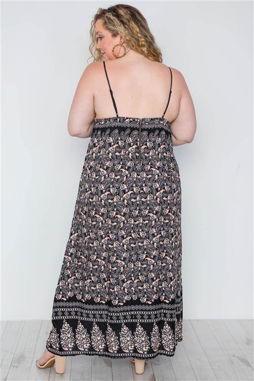 Plus Size Black Multi Crochet Cami Paisley Print Maxi Dress - AM APPAREL