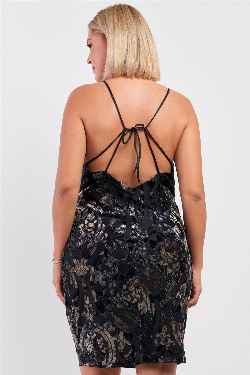 Plus Size Black Royal Printed Velvet Gradient Halter Mini Dress - AM APPAREL