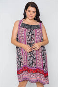 Plus Size Boho Floral Mix Print Sleeveless Dress - AM APPAREL