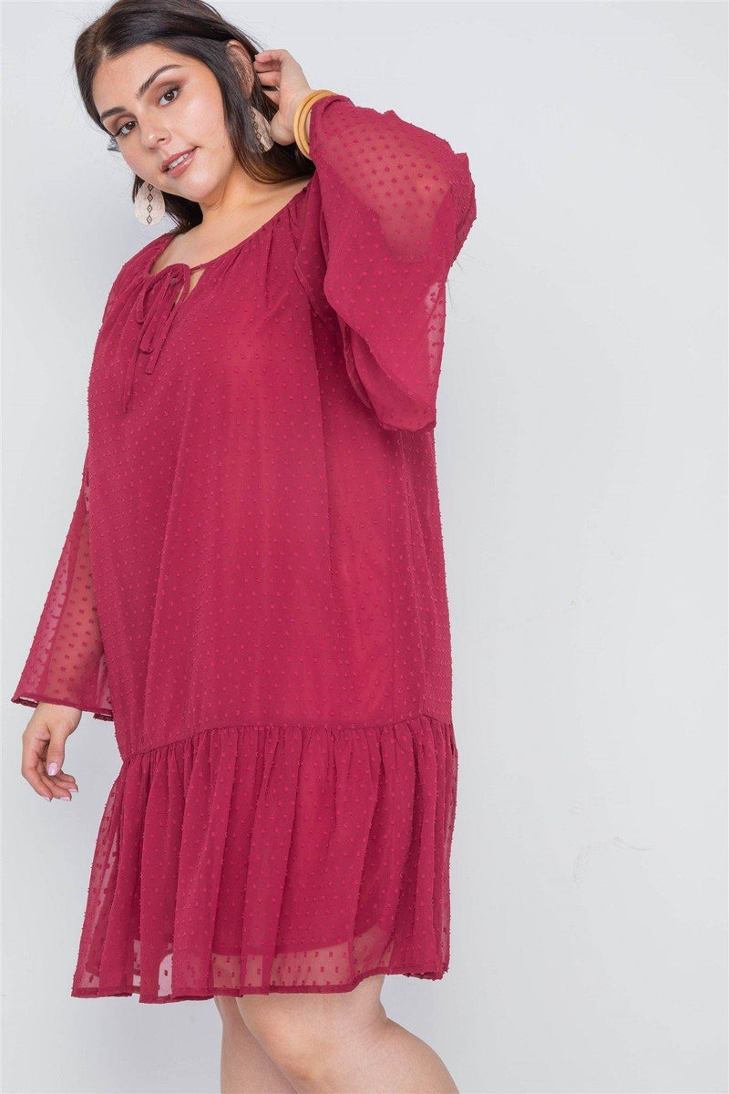 Plus Size Burgundy Bell Sleeves Shirred Dress - AM APPAREL